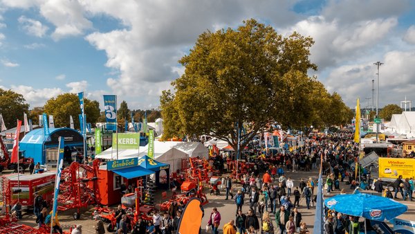 Blick auf das LWH-Gelände mit verschiedenen Ausstellerständen im Freien. In der Mitte ein großer Baum.
