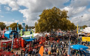 Blick auf das LWH-Gelände mit verschiedenen Ausstellerständen im Freien. In der Mitte ein großer Baum.