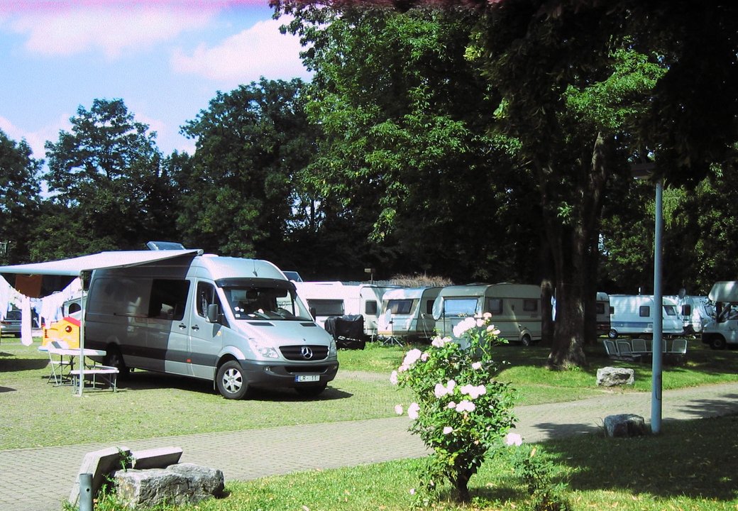 Ein Camping-Van auf einer Wiese eines Campingplatzes